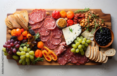 Very colorful tapas board of charcuterie with cheese and smoked meats.