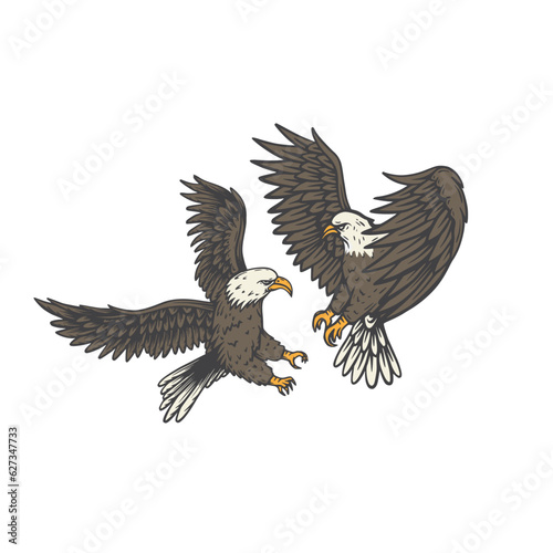 Bald eagle fighting at sky cartoon vector illustration