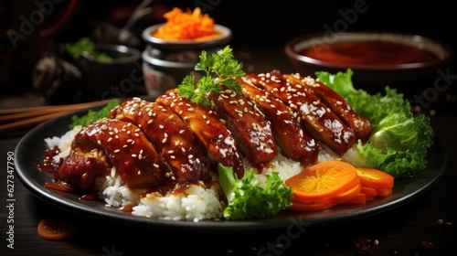 white rice with teriyaki beef and cut vegetables on a plate with black and blurry background