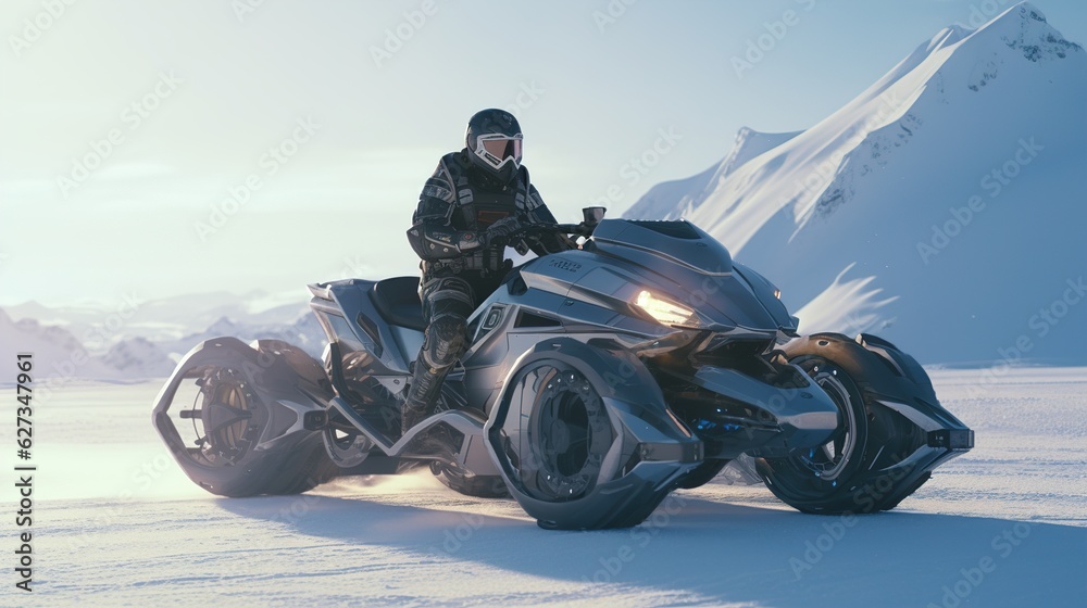 Obraz premium Futuristic snowmobile in the Arctic snows. Generative AI