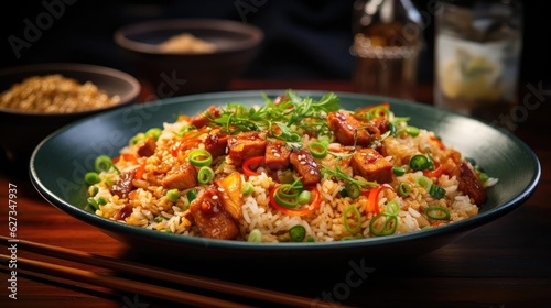 Fried rice with chopped vegetables and meat on a plate with a blurry background