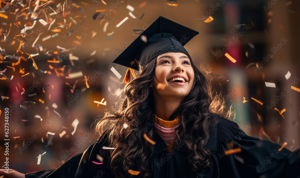 Obraz premium Portrait of a female graduate celebrating with falling confetti