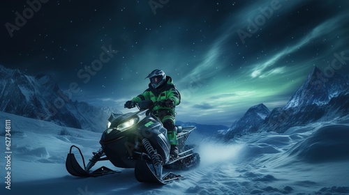 Futuristic snowmobile in the snows of the Arctic night with the Northern lights. Generative AI © Irina