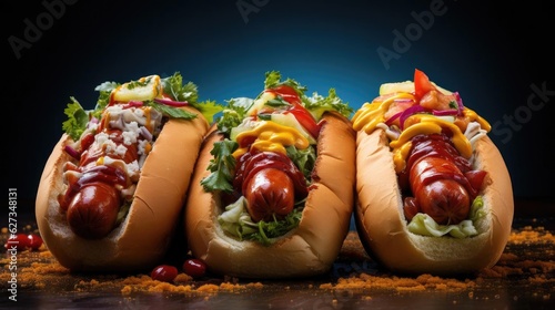 hotdog with a large sausage filled with melted mayonnaise and a sprinkling of chopped greens photo