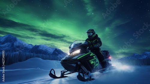 Futuristic snowmobile in the snows of the Arctic night with the Northern lights. Generative AI