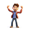 Happy man person successful fists up 3d style cartoon character on white background. Winner young adult male victory celebration