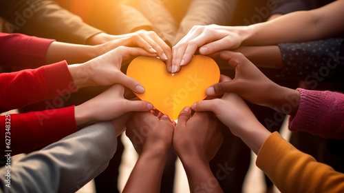 Hands holding heart. United diversity or multi-cultural partnership in a group