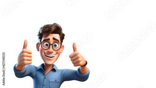 Happy man showing thumb up gesture 3d style cartoon character. Positive businessman smiling with ok like cool finger on white background