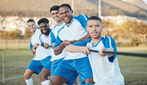 Soccer player, men and tug of war on field with teamwork, strong and muscle, fitness and competition challenge. Male athlete group, football training and diversity, trust and team building in sports