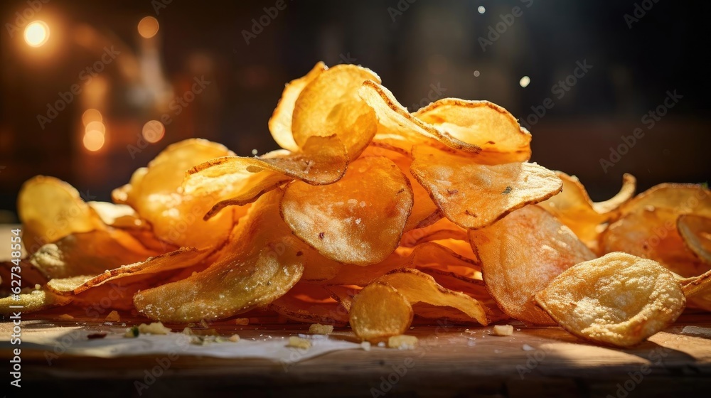 Potato Chips with a sprinkling of savory salty spices on a wooden table with a blurred background, Potato Chips with a sprinkling of savory salty spices on a wooden table with a blurred background,