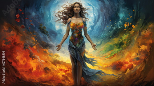 a girl embodying the elements – earth, air, fire, and water. Each element could be represented in her clothing
