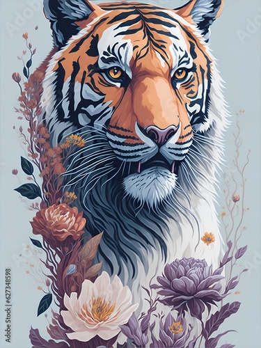 A detailed illustration a print of vintage tiger head