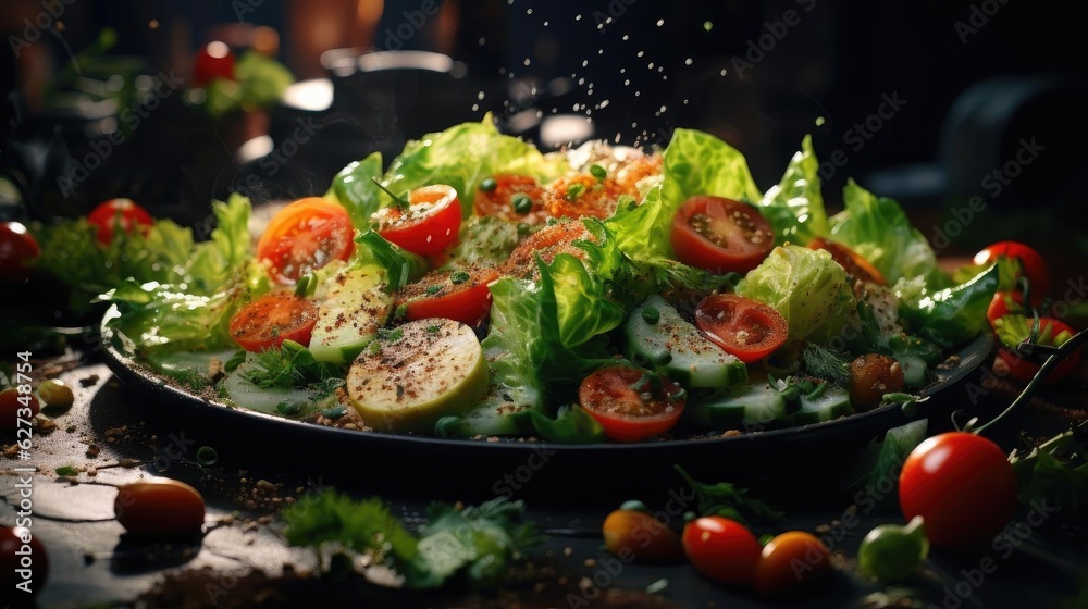 salad full of vegetables, fruit and pieces of boiled egg on a blur background salad full of vegetables, fruit and pieces of boiled egg on a blur background