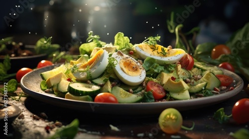 salad full of vegetables, fruit and pieces of boiled egg on a blur background