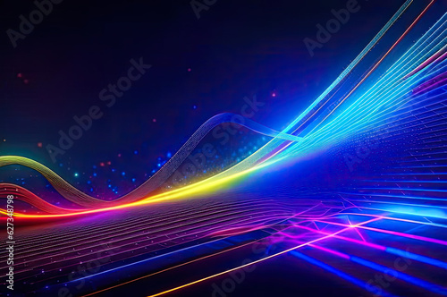 Abstract futuristic background with bright glowing neon colors and wave lines. AI generated fantastic wallpaper