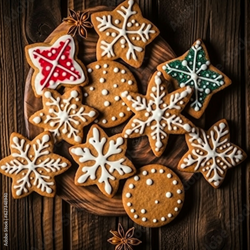 Christmas cookies wooden backgorund , Ai generated art illustration.