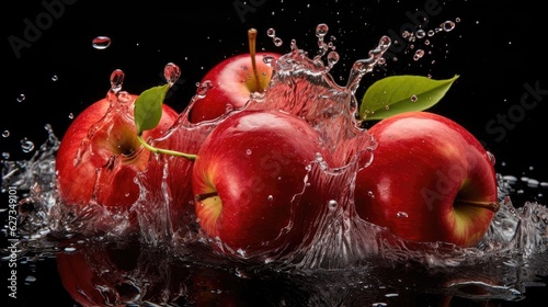 fresh red apple hit by splashes of water with black blur background