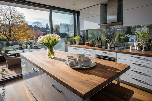 A luxury kitchen of a beautiful bright modern Scandinavian style, generative AI 