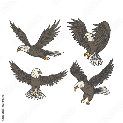 Set of Bald eagle flying cartoon vector illustration