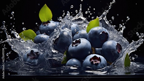 fresh blueberries splashed with water on black and blurry background