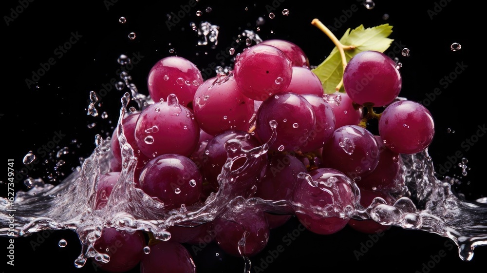 flying fresh grapes exposed to splashing water on black background and blur flying fresh grapes exposed to splashing water on black background and blur