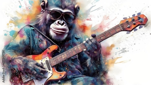 Chimpanzee Guitarist. A chimpanzee musician playing guitar Isolated, watercolor abstract art . chimp. chimpanzee. Made With Generative AI.