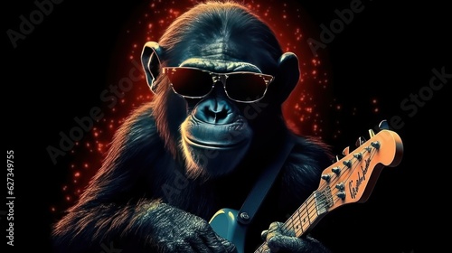 Chimpanzee Guitarist. A chimpanzee musician playing guitar Isolated on a dark background with a copy space. chimp. chimpanzee. Made With Generative AI.