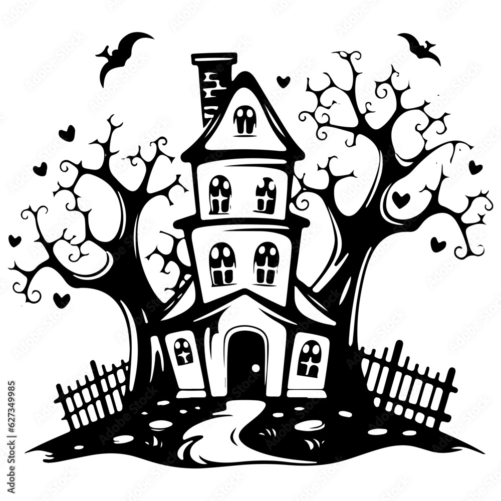 Haunted house outline vector illustration, halloween