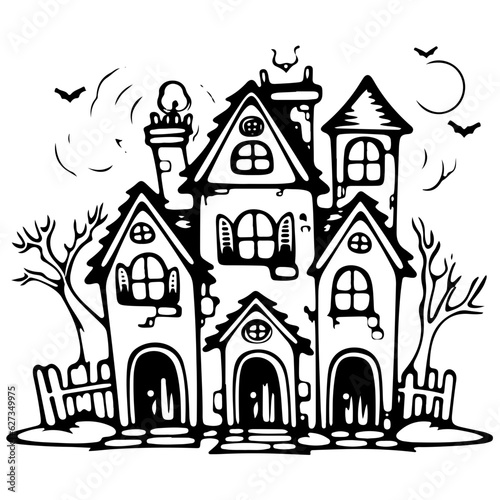 Haunted house outline vector illustration, halloween