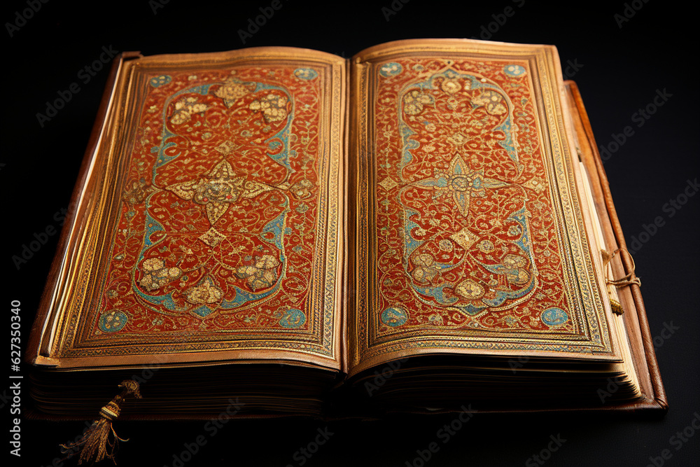 Fototapeta premium manuscript, adorned with intricate borders, representing the rich history of Islamic bookmaking. Generative AI