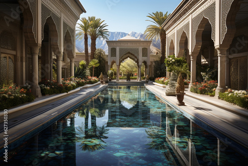 the serene and tranquil beauty of Islamic gardens, with elements such as fountains, lush vegetation, and geometric designs. Generative AI