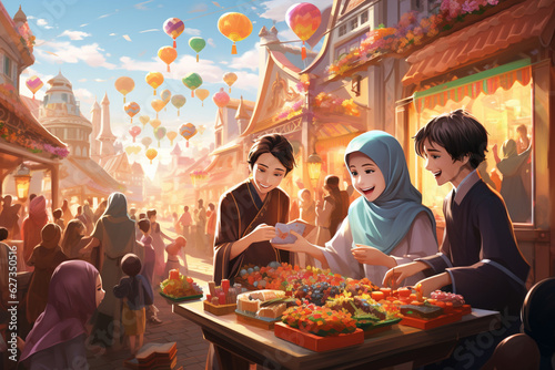 the joyous atmosphere of the Eid al-Fitr festival, with families dressed in colorful attire, exchanging gifts, and enjoying festive meals. Generative AI