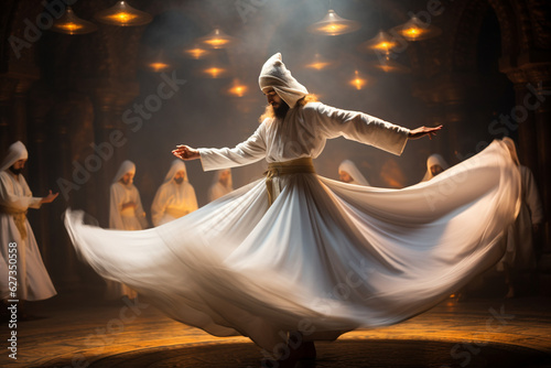 the spiritual practice of Sufi whirling, with dervishes dressed in flowing white garments, spinning in a meditative dance of devotion and transcendence. Generative AI photo
