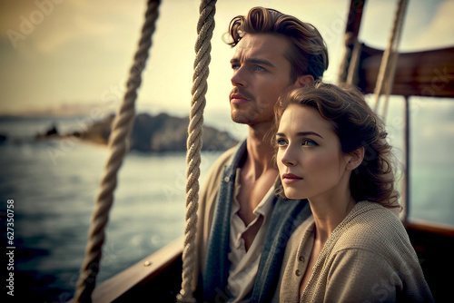 Cinematic Picture of Romantic Couple on a Vintage Sailboat, created with Generative AI technology
