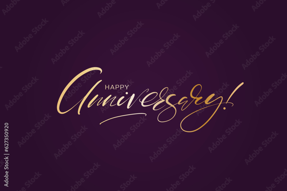 Happy Anniversary lettering text banner, golden script on violet background. Vector illustration. Design for cards, web, posters.