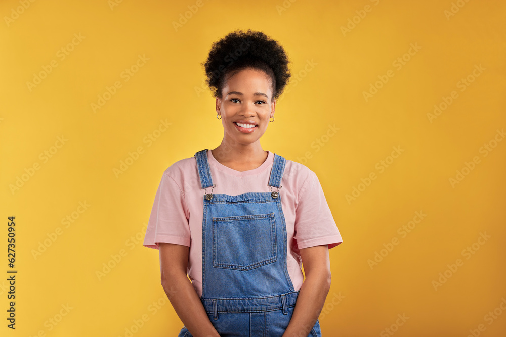 Fashion, portrait and happy black woman in studio with confidence, style and cool outfit on yellow background. Face, smile and stylish African female model pose with trendy and fashionable clothes Fashion, portrait and happy black woman in studio with confidence, style and cool outfit on yellow background. Face, smile and stylish African female model pose with trendy and fashionable clothes