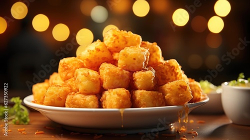 Obraz na plátně Crispy tater tots with savory salty spices on wooden table with black and blur b
