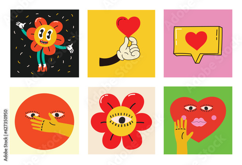 70's groovy square posters, cards or stickers. Retro print with hippie cute colorful funky character concepts of crazy geometric, dripping emoticon. Only good vibes sentence