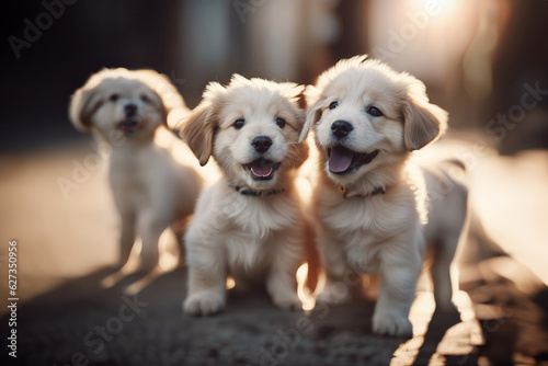 Picture of an Adorable Small Happy Puppies Playing in Sun, created with Generative AI technology