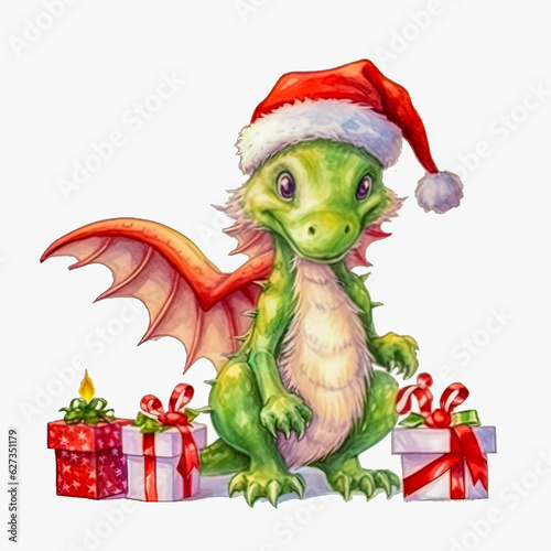 Illustration of a small green dragon in a red cap with a New Year's gift on a white background. Year of the dragon. New Year illustration. © ЮРИЙ ПОЗДНИКОВ