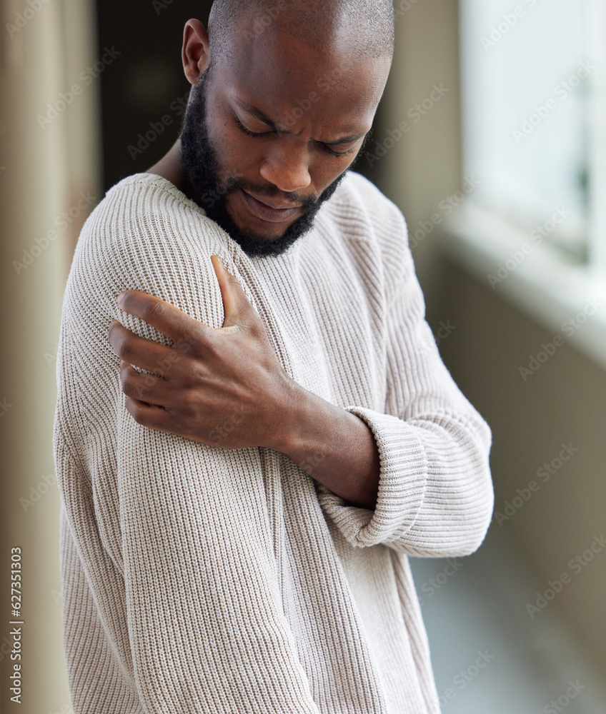 Shoulder Pain And Black Man With Injury Home And Muscle Tension With shoulder-pain-and-black-man-with-injury-home-and-muscle-tension-with