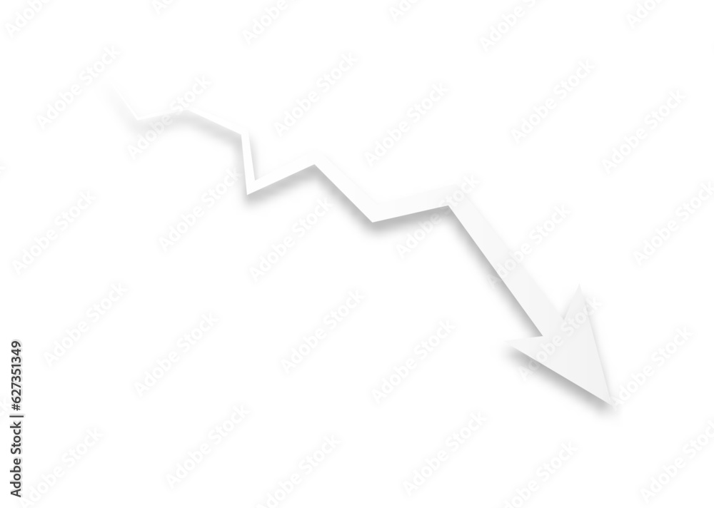 The white arrow graph drops down on the white background. Money losing. Stock crisis and finance concept. Papercut style. The white arrow graph drops down on the white background. Money losing. Stock crisis and finance concept. Papercut style.