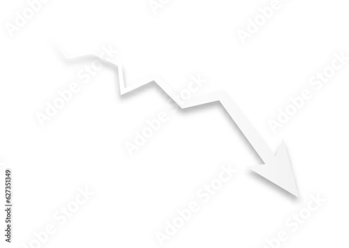 The white arrow graph drops down on the white background. Money losing. Stock crisis and finance concept. Papercut style.
