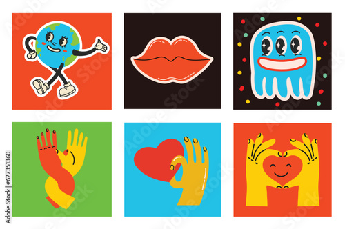 70's groovy square posters, cards or stickers. Retro print with hippie cute colorful funky character concepts of crazy geometric, dripping emoticon. Only good vibes sentence