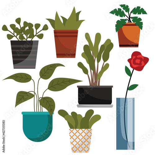 Plant in pot vector illustration flowerpots set. Cartoon flat different indoor potted decorative houseplants for interior home or office decoration, green garden floral collection isolated on white