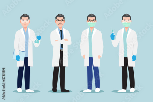 Dermatologist team cartoon character isolated flat design. Science lab worker, chemical researchers, scientist professor, dermatology specialist, medical job, medicine workers characters.