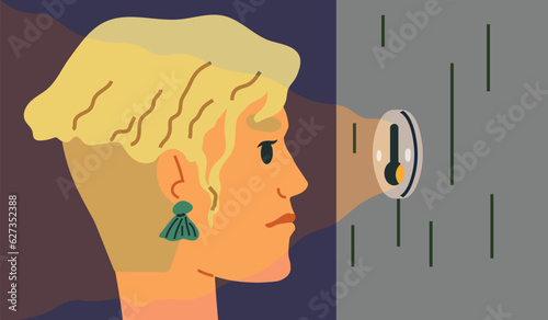 Worried dissatisfied woman peeps through keyhole, peeping and peeking. Invade in privacy life, spy and surveillance. Curious wife, angry female character observing, sneaking person watching from door