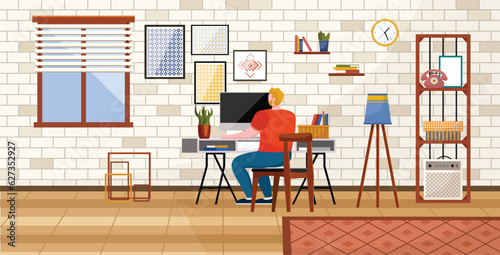 Home office. Interior vector illustration. Work from home. Well designed home office for remote work Home office provides a dedicated workspace within the comfort of home Office area is thoughtfully