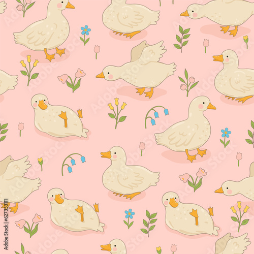 Pattern with cute white ducks and flowers. Vector graphics.