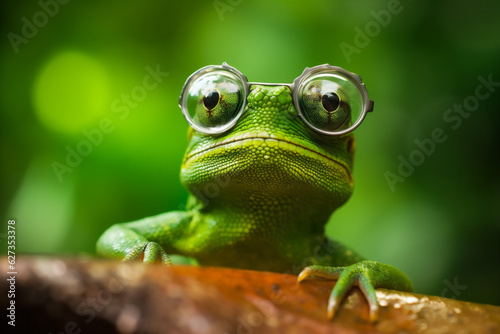 close-up animal portrait reptile green lizard glasses scale iguana wildlife. Generative AI.